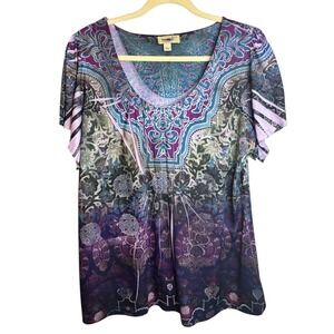 One World Blouse Women's 2X Boho Tunic Plus Boho Flowy Printed Purple